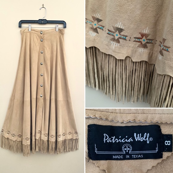 Patricia Wolf Dresses & Skirts - Patricia Wolf tan suede painted fringe maxi skirt Size 8